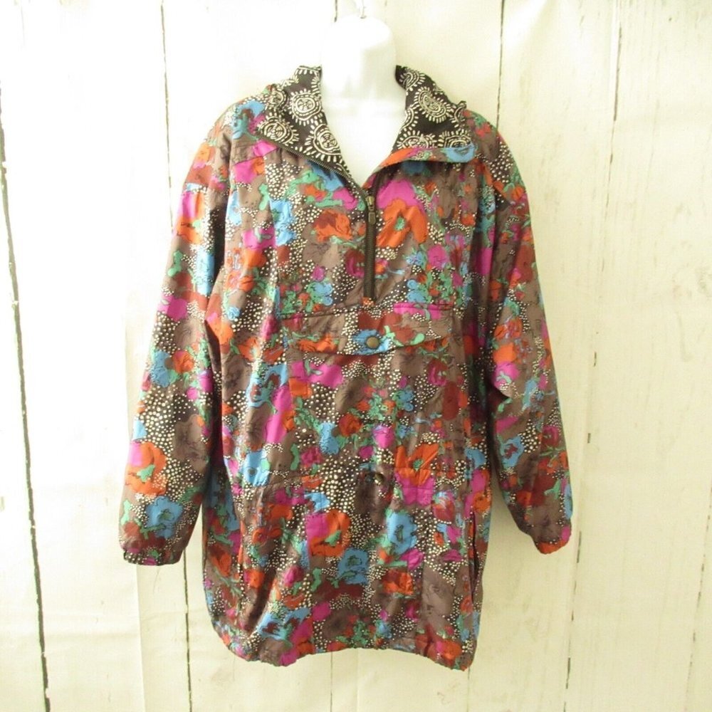 Vintage Roffe Ski Jacket L Large Black Floral Pullover Kangaroo Hood 80s 90s Y2K